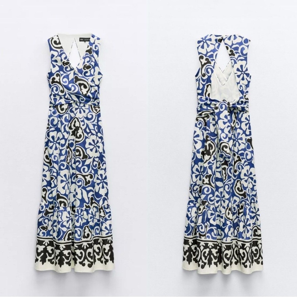 ZARA Blue & Black Floral Midi Maxi Dress w Cut-out Open Back - Picture 2 of 16
